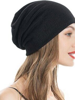Women's Chiffon Black Warm Knit Winter Pull-On Classic Slouchy Stretch Skull Cap
